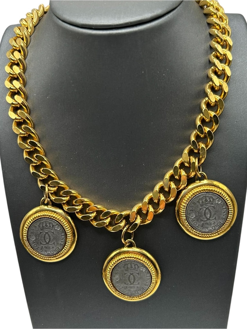 Vintage Italian Cuban Chain Logo Coin Necklace 1980’s